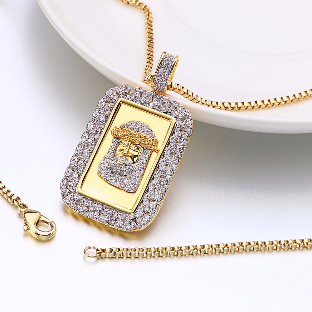 Square Necklace Pendant for Men Gold Color Clear Rhinestones Men’s