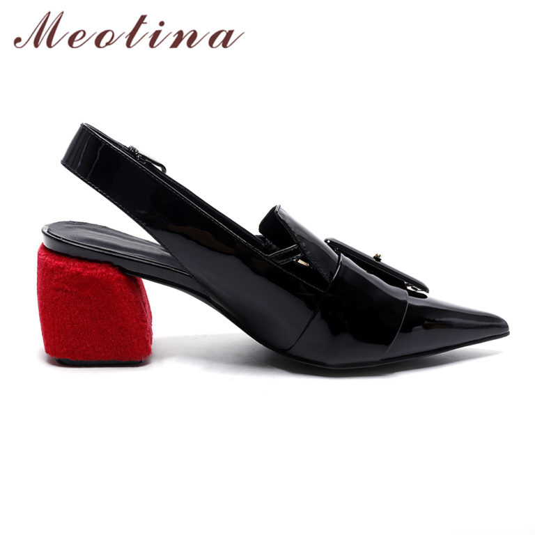 Spring Genuine Leather Color Block Thick Heel Deep Mouth 